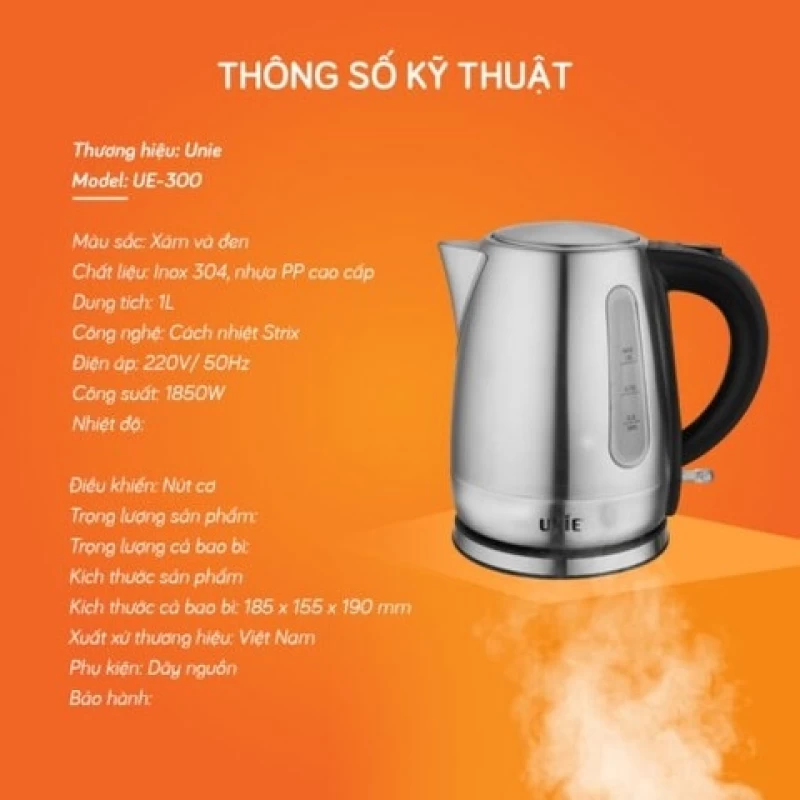 Ấm siêu tốc UNIE UE-300 dung tích 1L, chất liệu inox304 an toàn, vạch chia mức nước dễ quan sát - Hình ảnh 8 UNIE