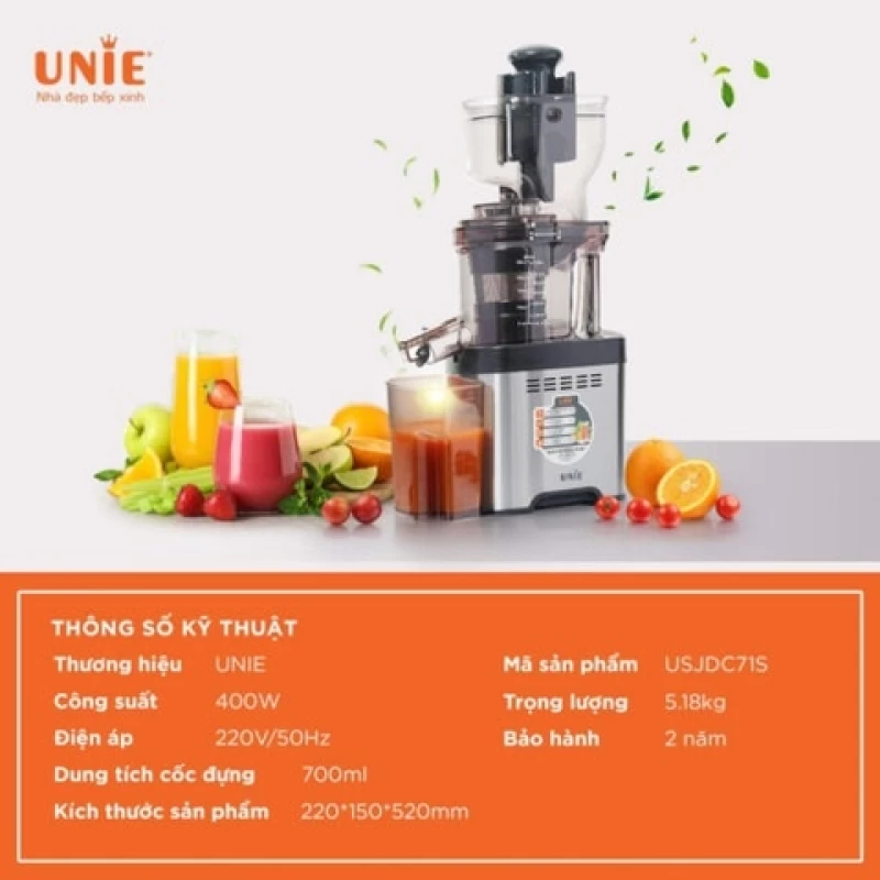 Máy ép chậm UNIE USJDC71S công suất 400W, ép kiệt bã tối ưu, giữ trọn 98% dưỡng chất trong rau củ quả - Hình ảnh 5 UNIE