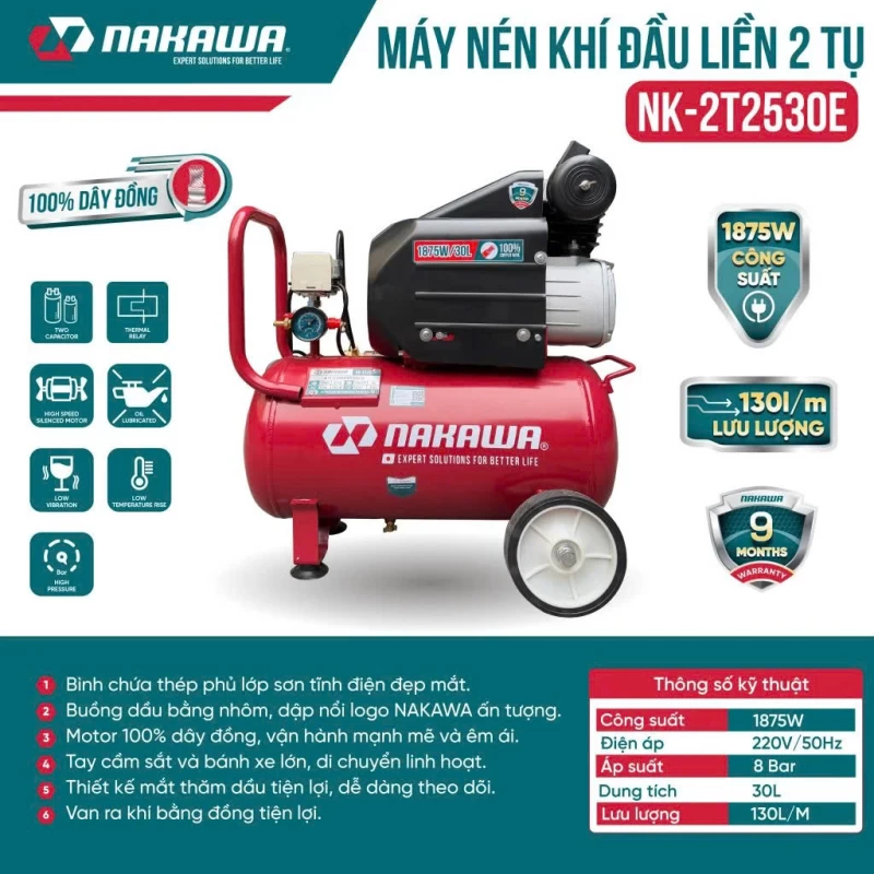 Máy Nén Khí đầu liền 2 tụ 1875W 30L NAKAWA NK-2T2530E - Hình ảnh 4 NAKAWA