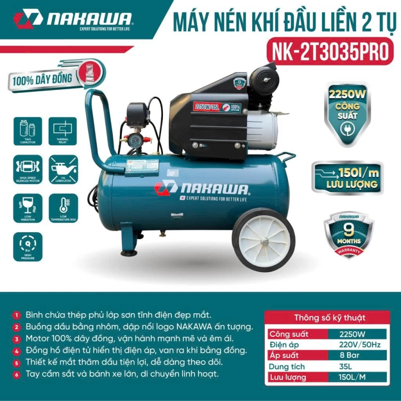Máy Nén Khí đầu liền 2 tụ 2250W 35L NAKAWA NK-2T3035PRO - Hình ảnh 2 NAKAWA