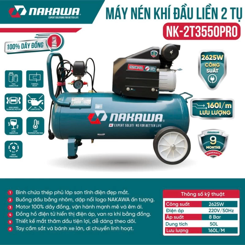 Máy Nén Khí đầu liền 2 tụ 2625W 50L NAKAWA NK-2T3550PRO - Hình ảnh 4 NAKAWA