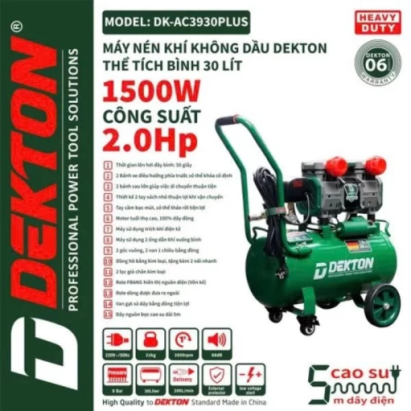 Máy Nén Khí Không Dầu 2HP 30L Dekton DK-AC3930PLUS (Đầu thấp – tua nhanh) - Hình ảnh 1 DEKTON