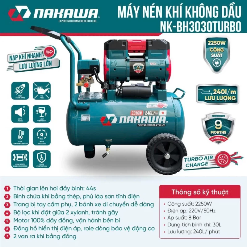 Máy nén khí không dầu, tốc nhanh, siêu êm NK-BH3030TURBO - 30 lít - Hình ảnh 5 NAKAWA