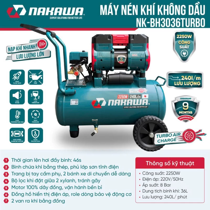Máy nén khí không dầu, tốc nhanh, siêu êm NK-BH3036TURBO - 36 lít - Hình ảnh 2 NAKAWA