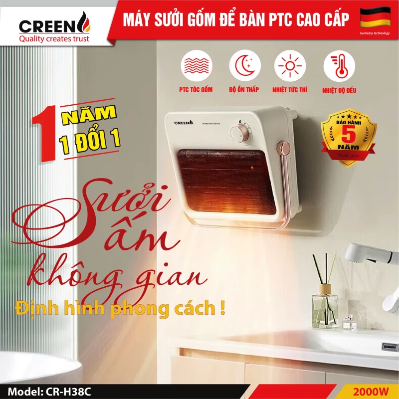 Máy sưởi gốm Creen CR-H38C treo tường cơ - Hình ảnh 1 CREEN