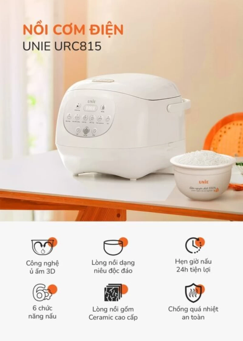 Nồi cơm điện lòng gốm tự nhiên UNIE URC815 nấu cơm cháy giòn tan, dung tích 1,5L, hẹn giờ nấu 24 tiếng - Hình ảnh 1 UNIE