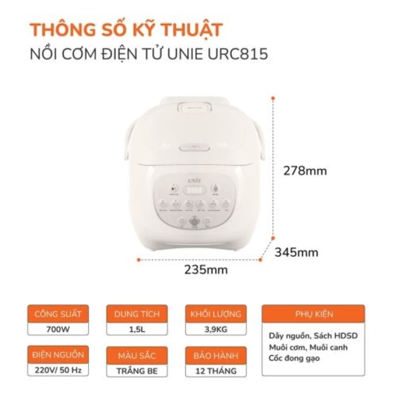 Nồi cơm điện lòng gốm tự nhiên UNIE URC815 nấu cơm cháy giòn tan, dung tích 1,5L, hẹn giờ nấu 24 tiếng - Hình ảnh 10 UNIE