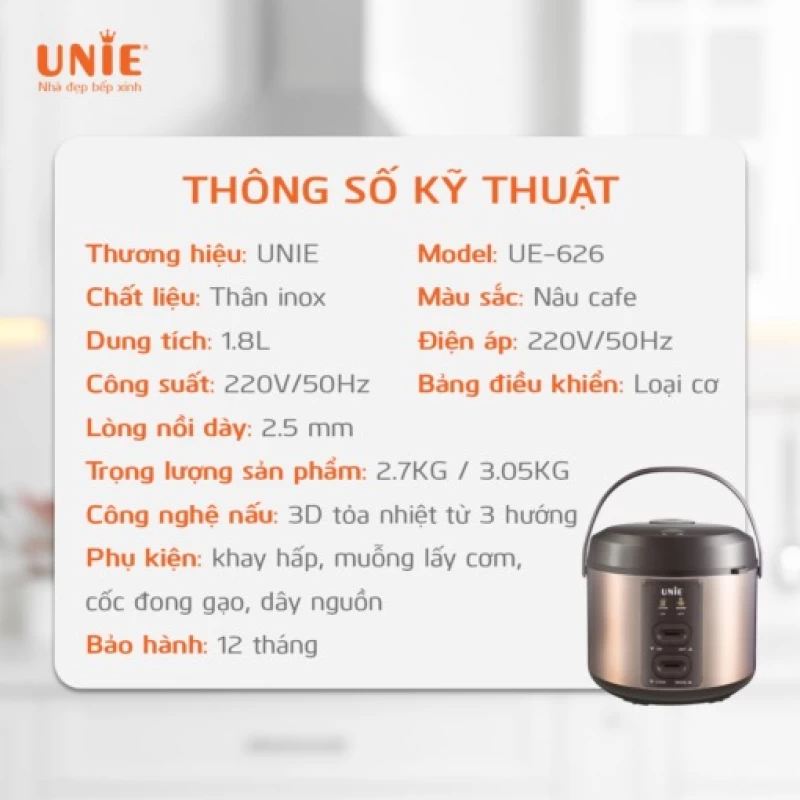 Nồi cơm điện UNIE UE-626 dung tích 1.8L, công suất 700W, lòng nồi chống dính 5 lớp - Hình ảnh 6 UNIE
