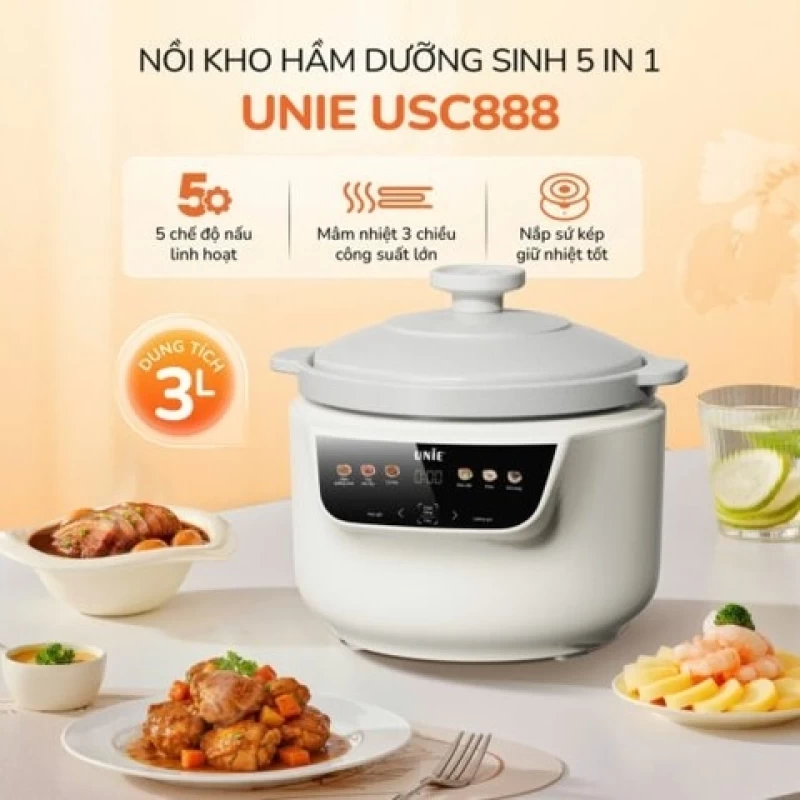 Nồi kho hầm dưỡng sinh 5 in 1 UNIE USC888, nắp sứ kép cao cấp – giữ nhiệt, khóa ẩm bằng vi áp suất - Hình ảnh 4 UNIE