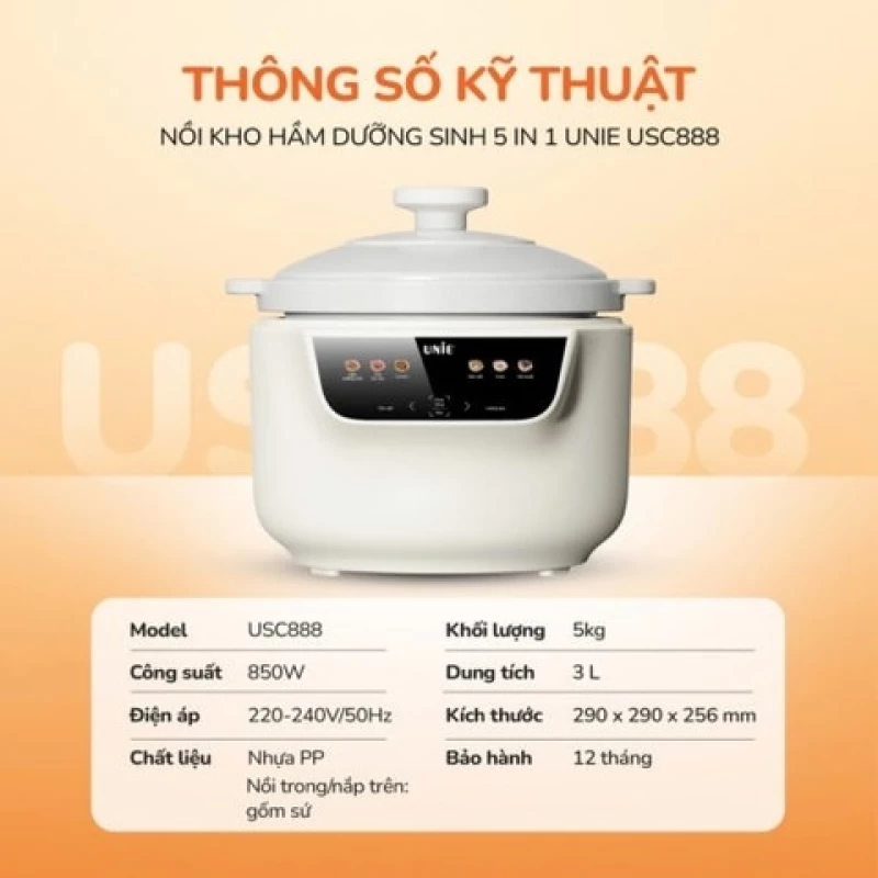 Nồi kho hầm dưỡng sinh 5 in 1 UNIE USC888, nắp sứ kép cao cấp – giữ nhiệt, khóa ẩm bằng vi áp suất - Hình ảnh 5 UNIE