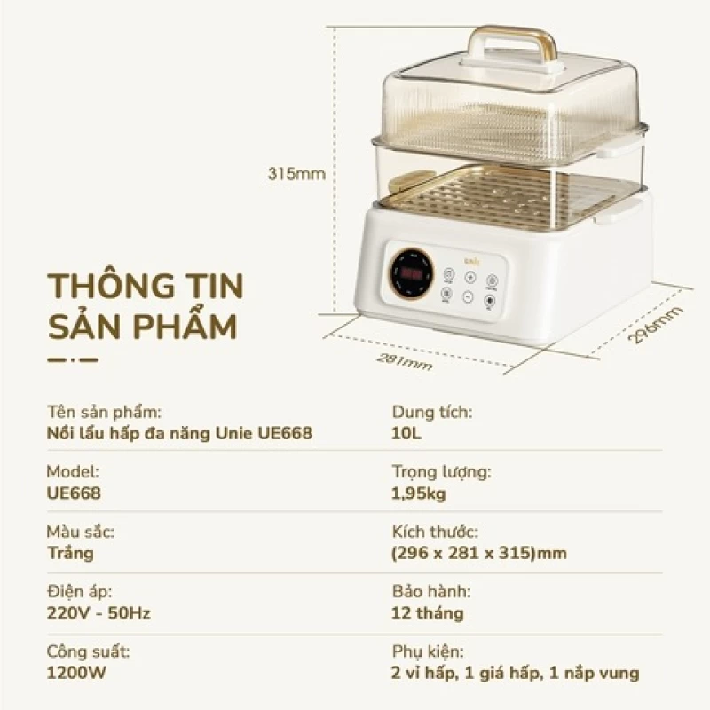 Nồi lẩu hấp đa năng UNIE UE668 dung tích 10L, lòng nồi chống dính Ceramic, 8 chức năng nấu tự động - Hình ảnh 6 UNIE