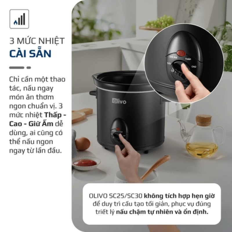 Nồi Nấu Chậm OLIVO SC30 - 3 Mức Nhiệt Cài Sẵn - Điều Khiển Núm Xoay - Lòng Gốm Tráng Men - Nắp Kính Cường Lực - Dung tích 3L - Hình ảnh 8 OLIVO