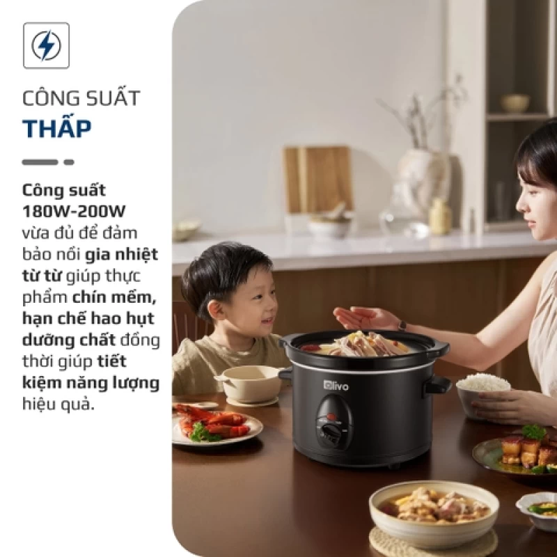 Nồi Nấu Chậm OLIVO SC30 - 3 Mức Nhiệt Cài Sẵn - Điều Khiển Núm Xoay - Lòng Gốm Tráng Men - Nắp Kính Cường Lực - Dung tích 3L - Hình ảnh 6 OLIVO
