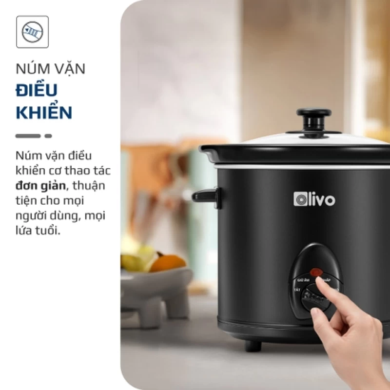 Nồi Nấu Chậm OLIVO SC30 - 3 Mức Nhiệt Cài Sẵn - Điều Khiển Núm Xoay - Lòng Gốm Tráng Men - Nắp Kính Cường Lực - Dung tích 3L - Hình ảnh 2 OLIVO