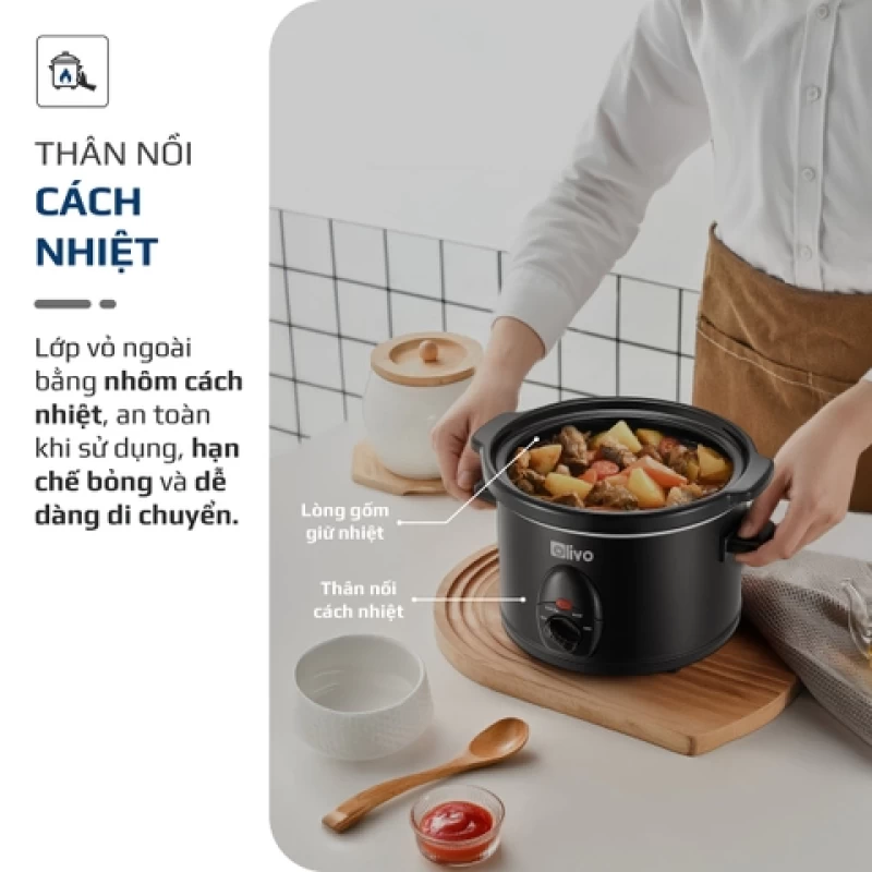 Nồi Nấu Chậm OLIVO SC30 - 3 Mức Nhiệt Cài Sẵn - Điều Khiển Núm Xoay - Lòng Gốm Tráng Men - Nắp Kính Cường Lực - Dung tích 3L - Hình ảnh 7 OLIVO