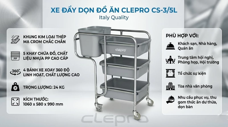 Xe đẩy dọn đồ ăn CLEPRO CS-3/5L - Hình ảnh 1 CLEPRO